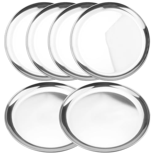Biugaaufai 6 Pack 12 Inch 201 Stainless Steel Plate, Round Metal Dinner Plates, Steel Dinner Dishes Plates, Ideal for BBQ, Camping, Snacks, Kitchen and Outdoor Activities, Dishwasher Safe