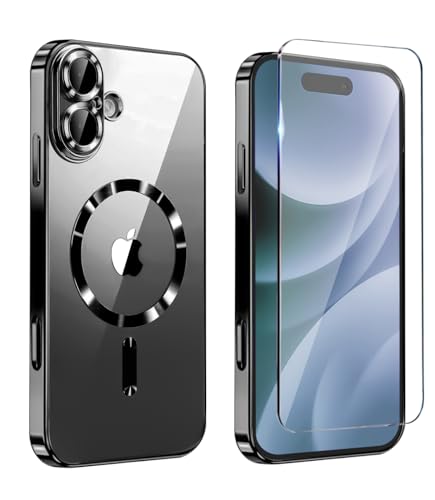 Image of Magnetic Glossy Case for iPhone 17,iPhone17 Phone Case Slim Clear Luxury with Screen Protector & Camera Protector [Compatible with MagSafe], Shockproof Cover for iPhone Case 17-Black