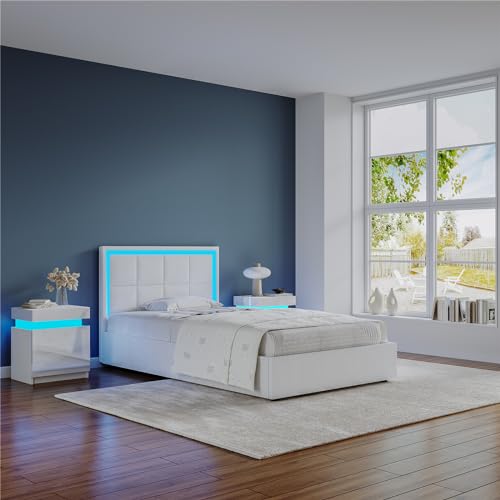 Ottoman Lift Storage Bed Frame with LED Headboard, 3FT Singe Size Bed Frame, Faux Leather Upholstered Bed Frame with Gas Lift Up Storage, for Bedroom Furniture, White