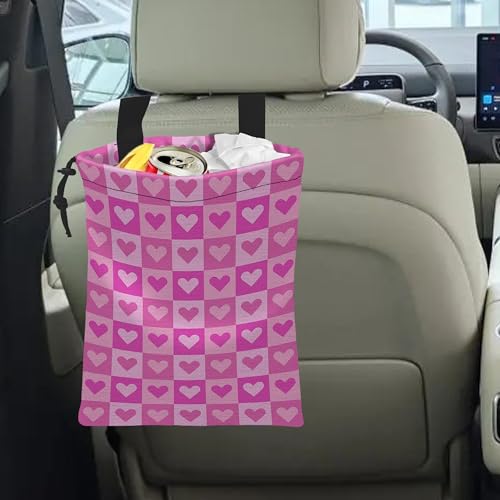 Image of Car Trash Bag Hanging Pink Love Car Trash Can Waterproof Garbage Bag Hanging for Car Back Seat with Adjustable Straps and Drawstring for Car Accessories Vehicle Travelling