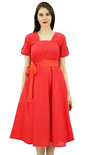 Bimba Damen Kurzarm Leinen Etuikleid mit Gürtel Freizeit Kleider