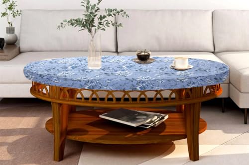 Image of The Furnishing Tree Elastic Cotton Oval Center Table Cover 14x24 in Inches Floral White Rose on Blue Base