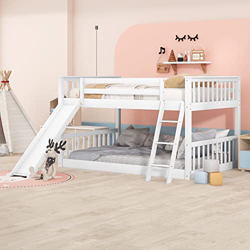 Full Over Full Low Bunk Beds with Slide for Kids Wood Floor Bunk Bed Frame for Boys Girls Teens’ Bedroom Dorm, White