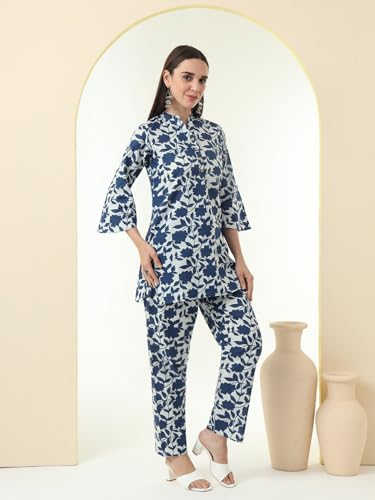 Image of Tissu Women's Plus Size Pure Cotton Grey Floral Tunic with Palazzo Co-ords