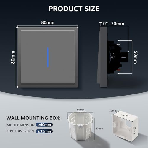 BSEED Lichtschalter Unterputz mit Steckklemme,1 Fach 1 Weg Lichtschalter mit LED Kontrollleuchte,Modern Wandschalter mit PC Rahmen,Unterputz Schalter Grau- 80X80mm