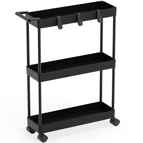 Simple Houseware 3-Tier Slim Rolling Cart with Handle and Hooks for Narrow Storage Places in Bathroom, Laundry and Kitchen, Black by Simple Houseware - Used condition - CA$24.62