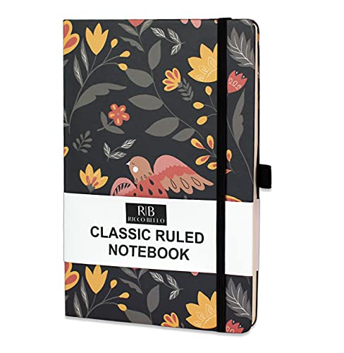 RICCO BELLO College Ruled Hardcover Lined Lay Flat Journal Notebook - Elastic Closure, Pen Loop, Bookmark, Inner Pocket, 192 Lined Pages, 5.7 x 8.4 inches (Folk Art Flowers)
