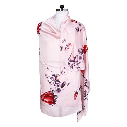 Image of Premium Silk Stole for Women | Lightweight Printed Silk Scarf & Hijab | Elegant Party (72 x 36 Inch) (PInk and Red)