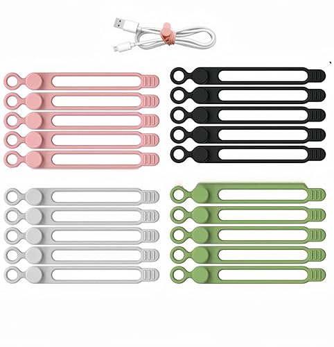 YUYUDEHM 20pcs Silicone Cable Ties, Reusable Cable Management Organizer, Button-Type Design, Black, White, Pink, Green