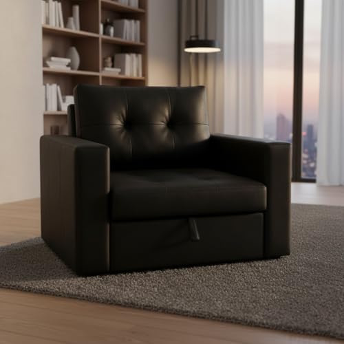 Image of FURNY Tressa 1 Seater Leatherette Pull-Out Sofa Cum Bed (Black) Premium Finish Sectional Sofa | Comfortable & Durable | Ideal for Living Room