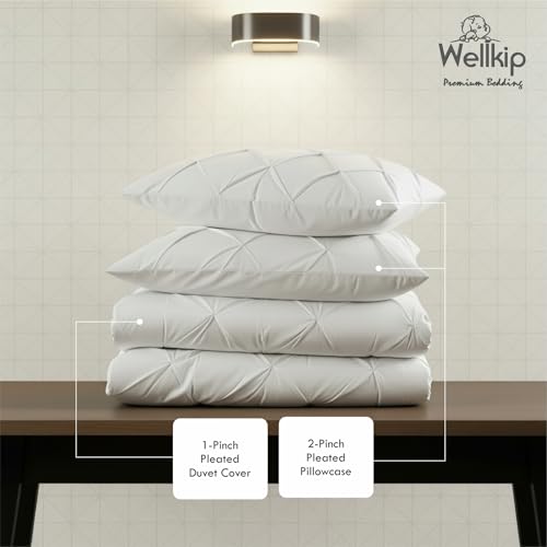 Image of Pinch Pleated Duvet Cover Set 1000TC 100% Cotton Premium 3-Pieces 1-Duvet Cover & 2-Pillow Cover Luxury Look Home and Hotel Zipper & 8-Tie Closure (White, Single 60 X 90 Inch)
