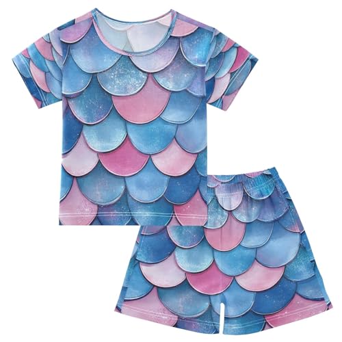 ALAZA Fish Scale Mermaid Blue Pajamas Set Short Sleeve Cotton Sleepwear Summer Pjs 2 Piece 5-14Y