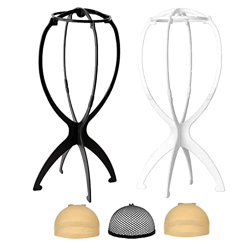 WXYYKX Lot de 2 supports de perruque en plastique / 35 cm de haut / portable/idéal pour sécher la perruque/le toupet avec filet de perruque supplémentaire (blanc + noir)