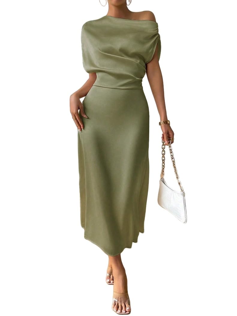 Vestito Donna Abiti da Ballo Monospalla in Raso per Donna Eleganti Midi con Maniche A Pipistrello Asimmetrici E Arricciati con Giunture Abito Estivo A Trapezio da Sera Formale