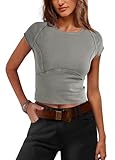 Picture of Yanekop Cropped T Shirts for Women Summer Cap Sleeve Tops Tight Fitted Shirts Crew Neck Short Sleeve Slim Fit Tee Cute(Grey,L)