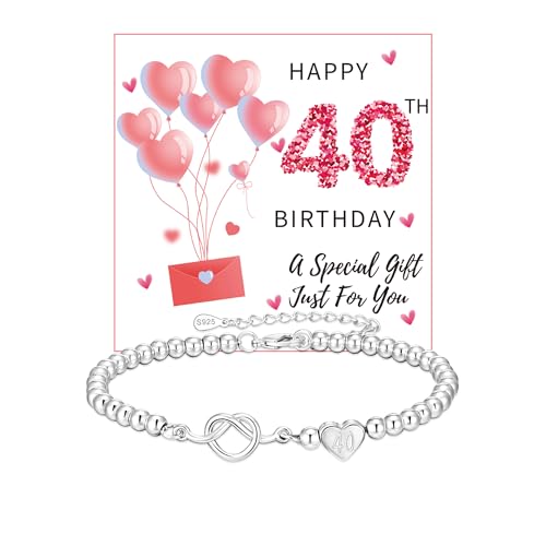 Halora 40th Birthday Gifts for Women, Sterling Silver Bead Bracelet for Women Adjustable Knot Heart Bracelets 40th Birthday Jewellery Gifts with Card for Sister Mum Grandma