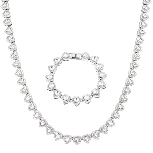 fasone Rhinestone Hearts Necklace Iced Out Hearts JewelrySilver Tennis Necklace For WomenTennis Necklaces For Women Heart Tennis Necklace (White_15.7inch/7inch)