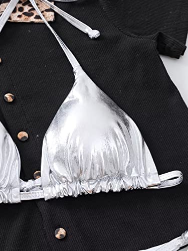Maillot de bain métallique argenté à bikini triangle réglable et bas taille haute pour l'été