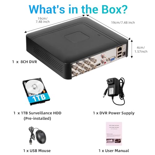 Fuers H.265+ 8CH Security DVR Recorder for Home Security Camera System,dvr 8 Channel for HD-CVBS/TVI/CVI/XVI/AHD/IP Analog Security Camera,24/7 Recording to Pre-Installed 1TB Hard Drive,Remote Access