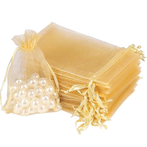 Organza Beutel mit Kordelzug, 50 Stück 17 × 23 cm Geschenk Hochzeit Säckchen, Organza Geschenk Schmuckbeutel, Bonbonsbeutel für Hochzeit Oder Fest Party(Gold)