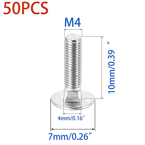 Image of 50 Pcs Carriage Bolts, Coach Bolts,Neck Carriage Bolt, Round Head, Square Neck, Zinc Plated (M4-0.7x10mm)