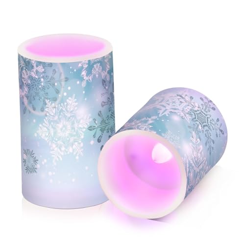 Image of Christmas Lights Decorations Flameless Candles Silver Winter Teal Turquoise Snowflakes Christmas Pillar Candles Set of 2 Battery Operated Remote Control Warm Lights