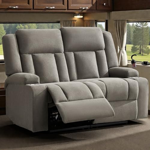 AIWOEN Manual Recliner Loveseat with Cup Holders, 2-Seater Fabric Reclining Sofa, Compact Wall Hugger Couch for RV, Small Living Room & Home Theater, Brown