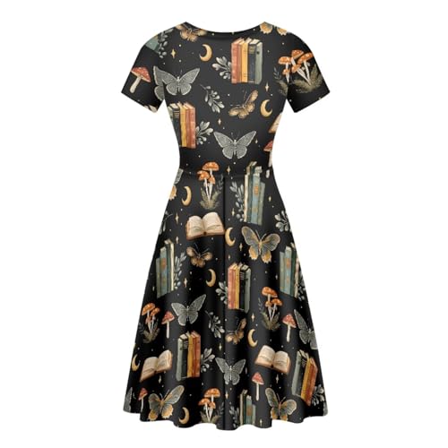 Image of POLERO Women Puffy Swing Elegant Party Midi Dresses Short Sleeve Round Neck A-Line Dress