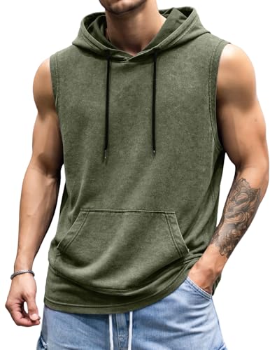 JMIERR Mens 2026 Vintage Washed Sleeveless Hoodie Tank Top Cotton Muscle Workout Gym Streetwear Shirt Green