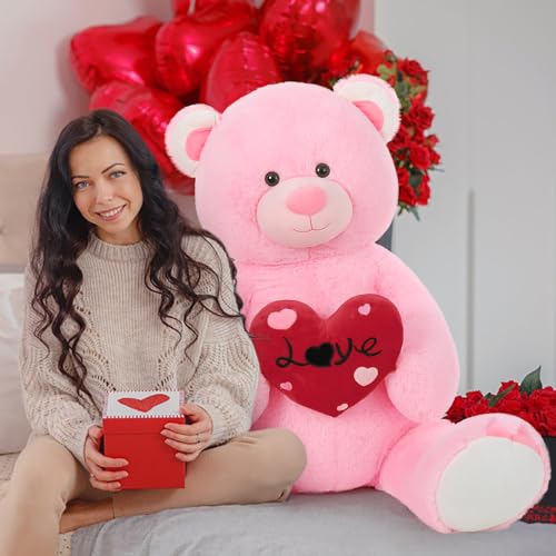 MorisMos 130cm Orso Peluche Gigante con Cuore Love, XXL Rosa Orsacchiotto Peluche Grande Kawaii Orsetto Pupazzo Teddy Bear Regalo per Bambino Fidanzata Lei Lui Compleanno Decorazioni