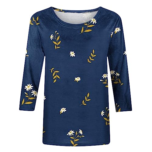 AMhomely Tops for Women UK Plus Size Elegant 3/4 Sleeve Round Neck Tops Blouses Lighweight Streetwear Floral Print Loose Fit Comfy T Shirts Fitness Golf Shirt 234 Dark Blue L - Image 4