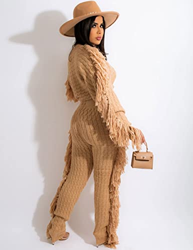 Image of KANSOON 2 Piece Sweater Set for Women Cable Knit Fringe Crop Top and Pants | Cozy feel, ribbed high waist, comfortable stretch fit for birthday and chilly going-out outfits