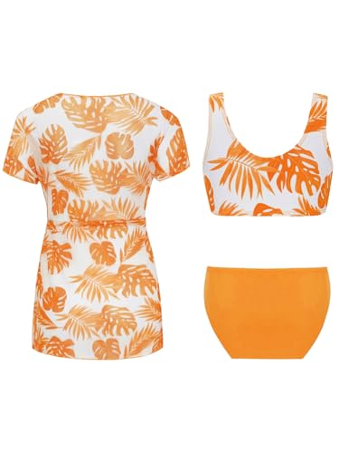 Kids Girls 3Pcs Tropical Print Straps Swim Tops and Bottom with Dress Beach Cover Up Bathing Suit2