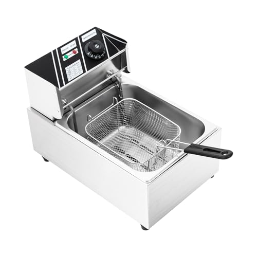 banborba Freidora eléctrica, freidora comercial, freidora eléctrica con tapa, escurridor de aceite y termostato de seguridad, 6 L, 2500 W, temperatura hasta 200 °C, acero inoxidable