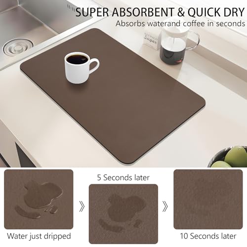Meetcolor Dish Drying Mat, 16" x 24" Dish Drying Rack Pad with Rubber Backed, Absorbent Coffee Bar Mat for Kitchen Countertop, Easy to Clean Espresso Mats, Fit Under Coffee Machine, Brown — view 3