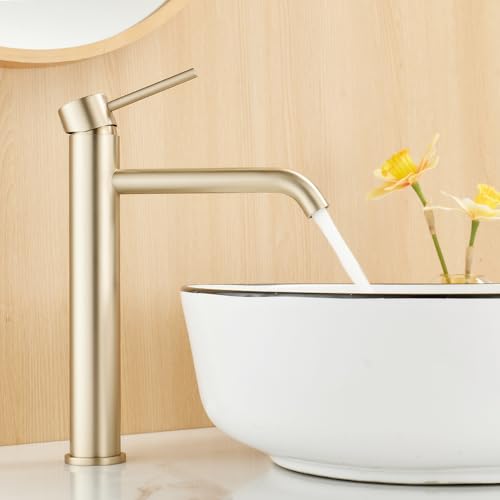 Maynosi Baño Alto Grifo del Mezclador de la Cuenca, Grifo de la Cuenca Alta, Grifo del Lavabo de la Encimera, Grifo Moderno del Monobloque con los Mangueras Flexibles, Oro Cepillado