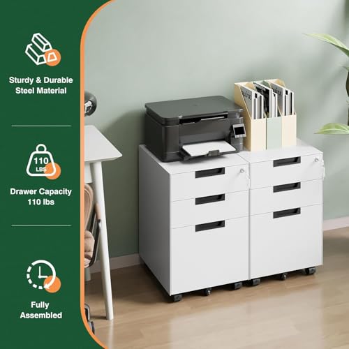 Image of Letaya 3 Drawer Mobile File Cabinet with Lock,Under Desk Metal Small Filing Cabinets for Home Office Organizer Letters /Legal /A4(Fully Assembled Except Wheels-White)