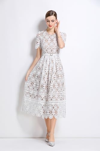 LAI MENG FIVE CATS Women's Flowy Lace Floral Hollow Out Short Sleeve Dress with Belt3