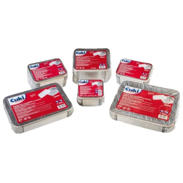 Cuki Professional Vaschette in Alluminio Rettangolari con Coperchi, 4 Porzioni, 22 x 17 x h3.5 cm, 1 Confezione da 50 Pezzi, Teglie Monouso per Forno, Microonde, Frigo, Cottura, Conservazione