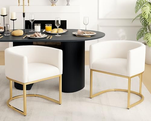 Image of HNY Mid Century Modern Upholstered Barrel Dining Chairs with Arms Set of 2, Velvet Kitchen & Dining Room Chairs, 18.5 inch Wide Accent Chairs for Dining Room Living Room with Gold Metal Frame, Cream