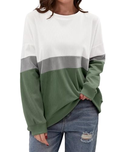 KISSMODA Womens Casual Long Sleeve Sweatshirts Color Block/Solid Tops Corduroy Crewneck Tunic Pullover with Pockets