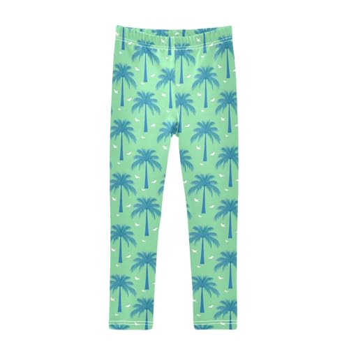 senya Girls Printed Leggings Yoga Pants Green Background Palm Tree Pattern for Kids in 4t to 10 Years, 4T