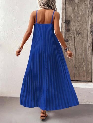Image of Women's Summer Casual V Neck Sleeveless Strappy Pleated Flowy Loose Maxi Long Beach Dress