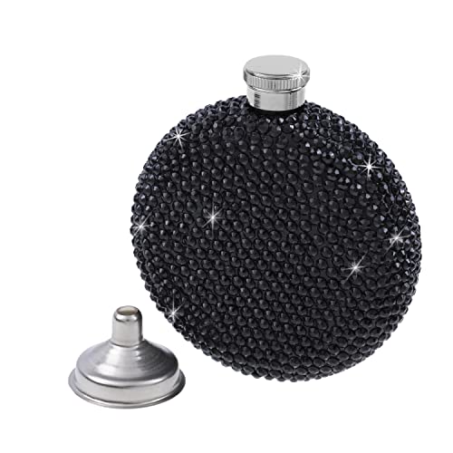 Fashion Shot 6Oz Crystal Hip Flask,Exclusive 304 Stainless Steel Rhinestone Liquor Bottle,Portable Black Blingbling Wine Flask For Women(Black) #TOP1