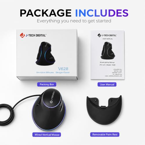 Image of J-Tech Digital Wired Ergonomic Vertical USB Mouse with Adjustable Sensitivity (600 /1000 /1600 DPI), Scroll Endurance, Removable Palm Rest & Thumb Buttons [V628]