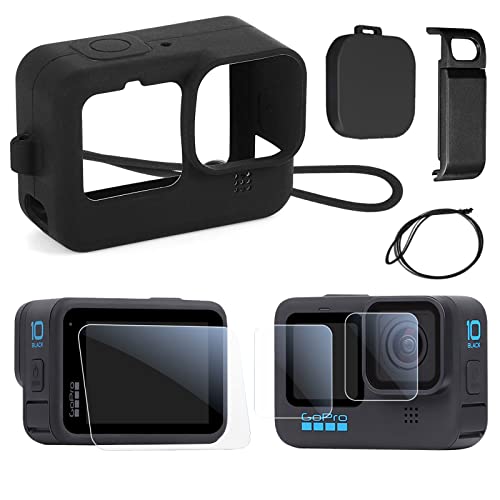 Asopetch Gopro Hero 10/ 9 Black適用保護ケース 保護フィルム 全面保護 高弾性 衝撃吸収 - 保護フィルム+電池カバー+ シリコンケース+レンズカバー+ハンドストラップ