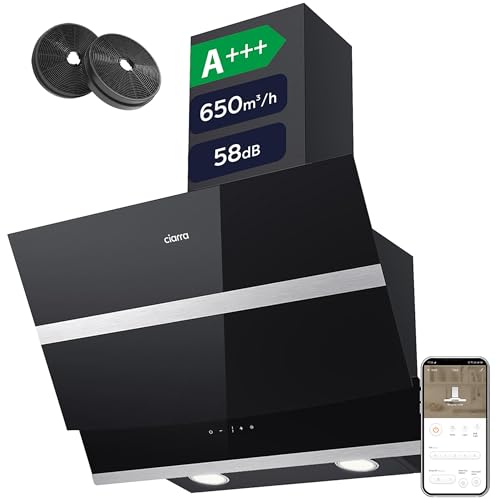 CIARRA ASB6736N Hotte Aspirante Class A+++ 60cm 650 m³/h - Hotte Inclinée pour Cuisine - Filtre à Charbon Inclus - WIFI & Commande Tactile - 4 Vitesses - Lumière LED - Recyclage & Evacuation - Noire
