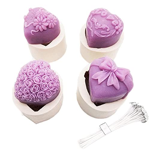 ADLOASHLOU Paquete de 4 moldes de Silicona en Forma de corazón 3D Flores artesanales Rosa Molde de Silicona para jabón moldes de Vela Molde Artesanal DIY Hecho a Mano Molde para Hornear Pasteles Cover