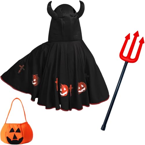 Gardeningwill Black Devil Angular Clothing Cosplay Halloween Costume Set - Cloak, Devil Pitchfork & Pumpkin Bag