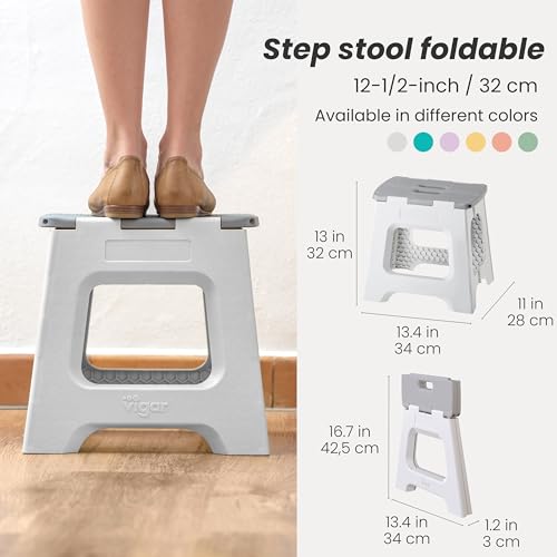 Image of Vigar Compact Foldable Step Stool, 12-1 /2-Inch, Gray | For Adults Up to 330 Pound, Lightweight, Non-Slip Folding Design, Compact Step Stool, Space-Saving Household Use